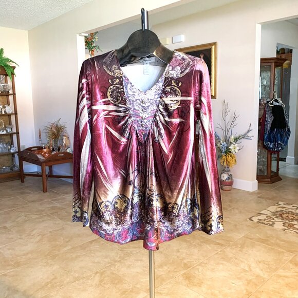 NWOT Style & Co Burgundy/Gold Poly Velveteen Print Top size Medium - 49.00 - Picture 1 of 6